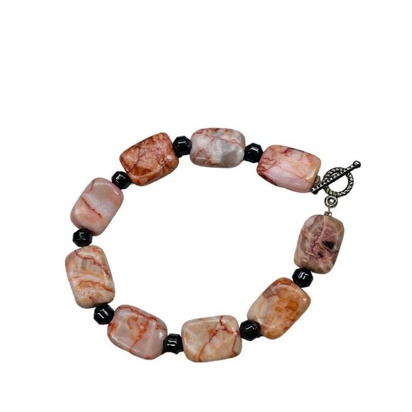Handmade Pink Marble Jasper Toggle Bracelet with Hematite - Picture 2 of 10